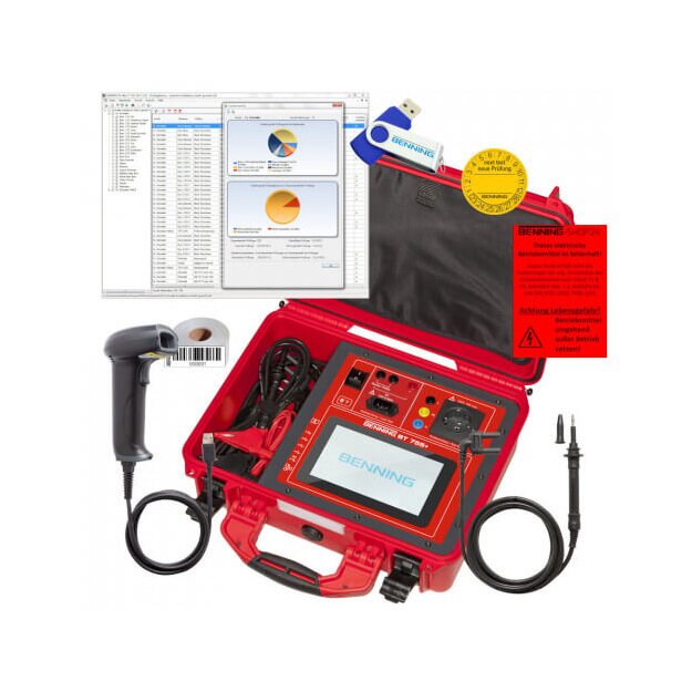 BENNING 50333 Voll ausgestattetes ST 755+ SET zur Prüfung elektrischer und medizinisch‑elektrischer Geräte nach DIN EN 50678/50699 VDE 0701/0702 VDE 0751 7" Touch Isolations‑/Schutzleiter‑Messung Datenbank WLAN inkl Software Scanner und Etiketten