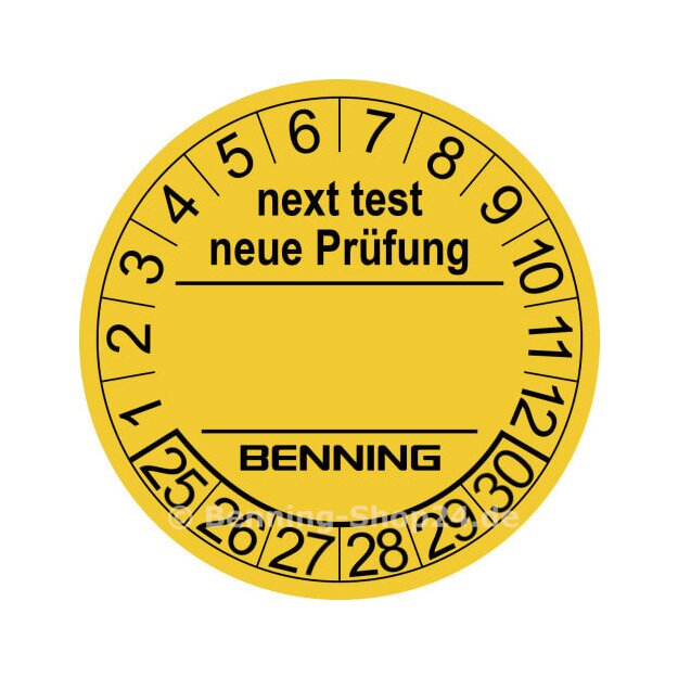 BENNING 756212 Gelbe selbstklebende Prüfplaketten Ø30 mm 300 Stück/Rolle zur einfachen Kennzeichnung des nächsten Prüftermins (12 Monate 6 Jahre) Zubehör nicht elektrisch belastbar