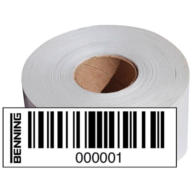 BENNING 756301 Stark haftende PVC-Barcodeetiketten (Satz 1–1000) mit fortlaufender Nummerierung und Barcode für schnelle Prüflingsidentifikation und effizientes Bestandsmanagement