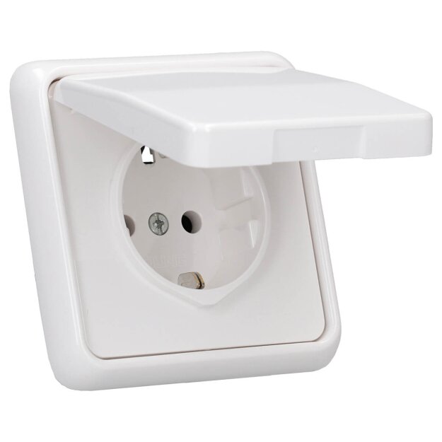 JUNG CD IP 44 Set Alpinweiß: CD1520BFKLWW SCHUKO Klappdeckelsteckdose + 551WU Dichtungsflansch IP44 + CD581WW Rahmen 1fach