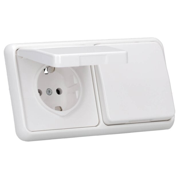 JUNG CD IP 44 Set Alpinweiß: 2x CD1520BFKLWW SCHUKO Klappdeckelsteckdose + 2x 551WU Dichtungsflansch IP44 + CD582WW Rahmen 2fach