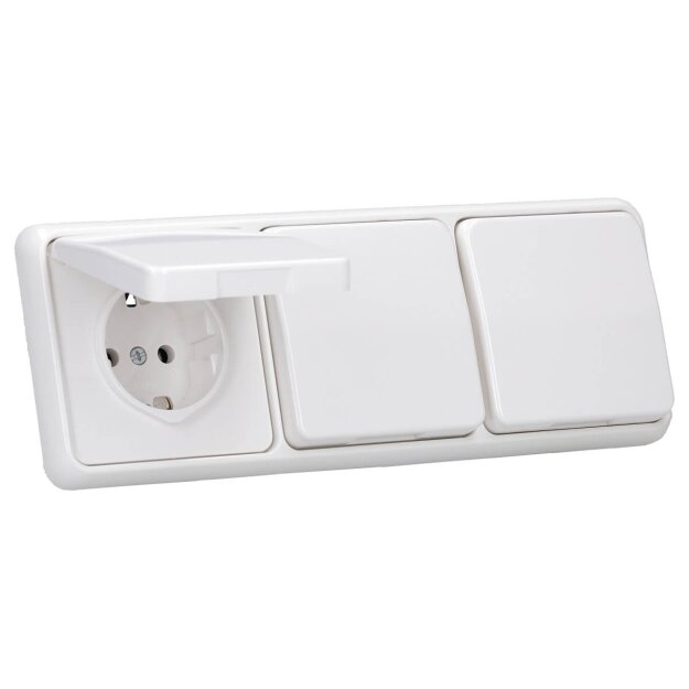 JUNG CD IP 44 Set Alpinweiß: 3x CD1520BFKLWW SCHUKO Klappdeckelsteckdose + 3x 551WU Dichtungsflansch IP44 + CD583WW Rahmen 3fach