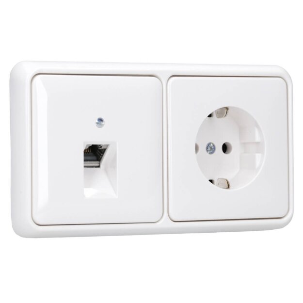 Jung Serie CD Komplett-Set Alpinweiß: Cat.6A iso-Anschlussdose UAE-Cat.6A iso-8 Up 0 + CD569-1UAWW Abdeckung + CD1520WW SCHUKO Steckdose + CD582WW Rahmen 2fach