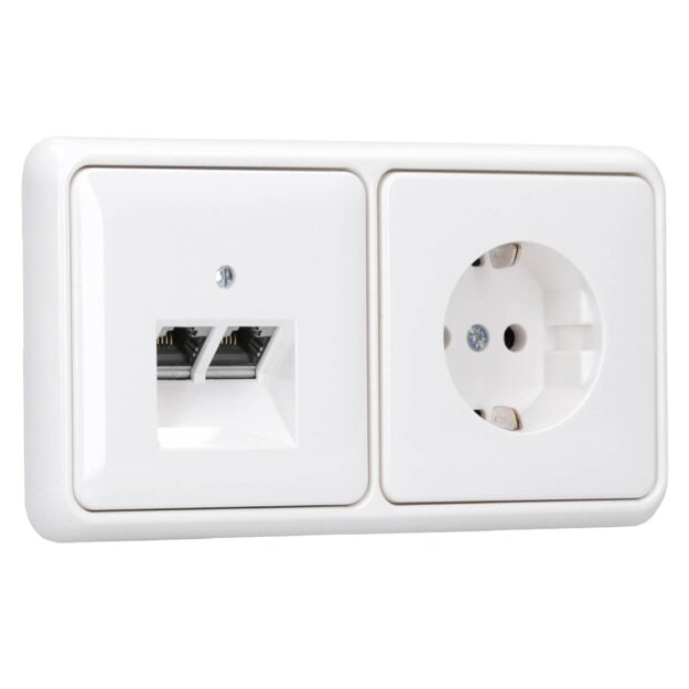 Jung Serie CD Komplett-Set Alpinweiß: Cat.6A iso-Anschlussdose UAE-Cat.6A iso-8/8 Up 0 + CD569-2UAWW Abdeckung + CD1520WW SCHUKO Steckdose + CD582WW Rahmen 2fach