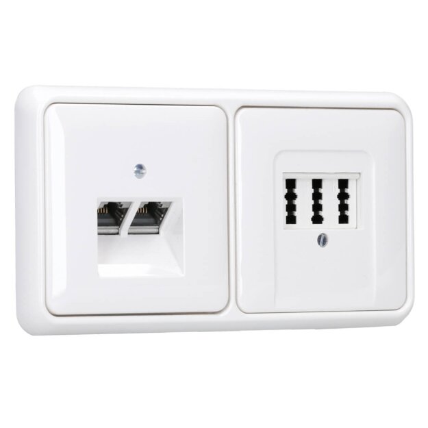 Jung Serie CD Komplett-Set Alpinweiß: Cat.6A iso-Anschlussdose UAE-Cat.6A iso-8/8 Up 0 + CD569-2UAWW Abdeckung + TAE-Anschlussdose 3x6 + CD569TWW Abdeckung + CD582WW Rahmen 2fach