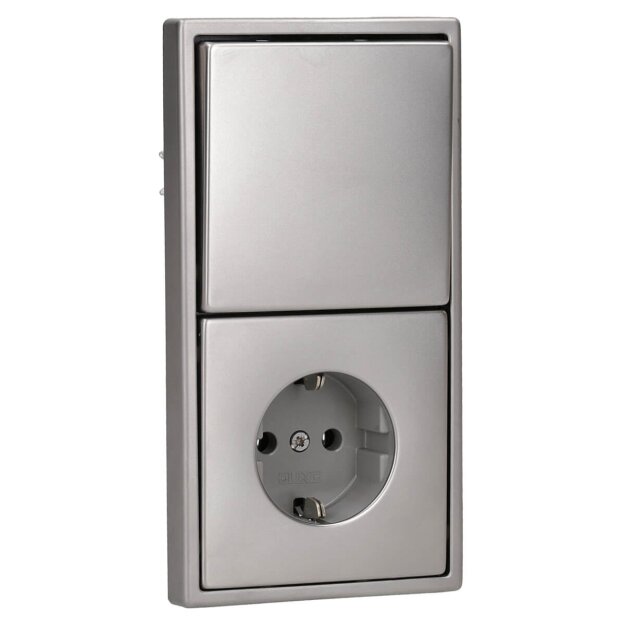 Jung Serie LS Komplett-Set Edelstahl: 506U Wippschalter Universal + ES2990 Wippe f. Schalter/Taster + ES1520 SCHUKO Steckdose + ES2982 Rahmen 2fach