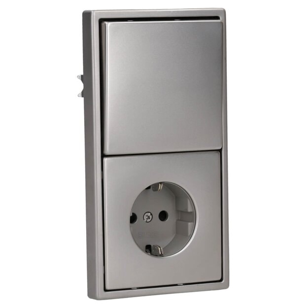 Jung Serie LS Komplett-Set Edelstahl: 506U Wippschalter Universal + ES2990 Wippe f. Schalter/Taster + ES1520KI SCHUKO Steckdose m. Berührungsschutz + ES2982 Rahmen 2fach