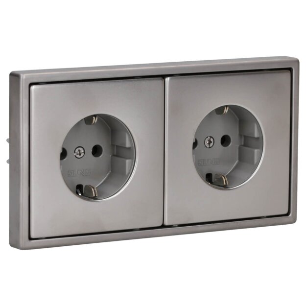 Jung Serie LS Komplett-Set Edelstahl: 2x ES1520 SCHUKO Steckdose + ES2982 Rahmen 2fach