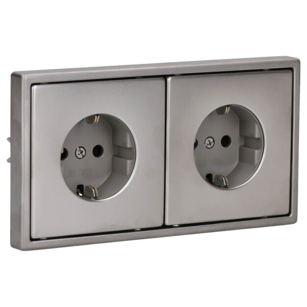 Jung Serie LS Komplett-Set Edelstahl: 2x ES1520KI SCHUKO Steckdose m. Berührungsschutz + ES2982 Rahmen 2fach