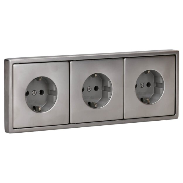 Jung Serie LS Komplett-Set Edelstahl: 3x ES1520 SCHUKO Steckdose + ES2983 Rahmen 3fach