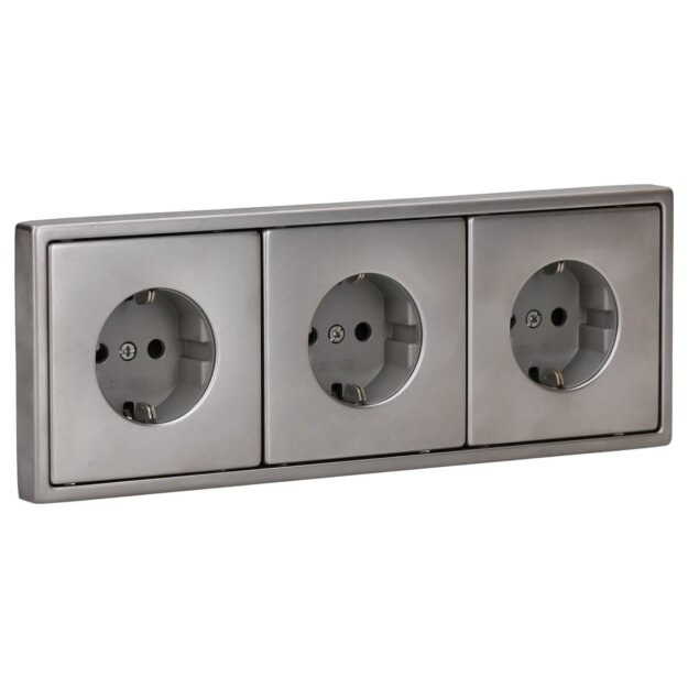 Jung Serie LS Komplett-Set Edelstahl: 3x ES1520KI SCHUKO Steckdose m. Berührungsschutz + ES2983 Rahmen 3fach
