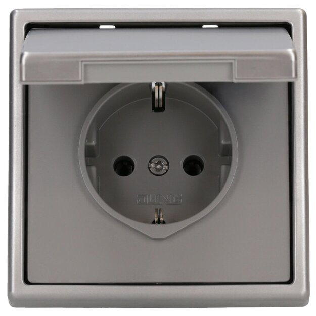 JUNG LS IP 44 Set Edelstahl: ES1520KL SCHUKO Steckdose m. Klappdeckel + 551WU Dichtungsflansch + ES2981 Rahmen 1fach