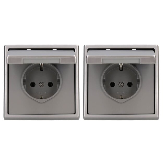 JUNG LS IP 44 Set Edelstahl 2x: ES1520KL SCHUKO Steckdose m. Klappdeckel + 551WU Dichtungsflansch + ES2981 Rahmen 1fach
