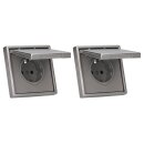 JUNG LS IP 44 Set Edelstahl 2x: ES1520KL SCHUKO Steckdose m. Klappdeckel + 551WU Dichtungsflansch + ES2981 Rahmen 1fach
