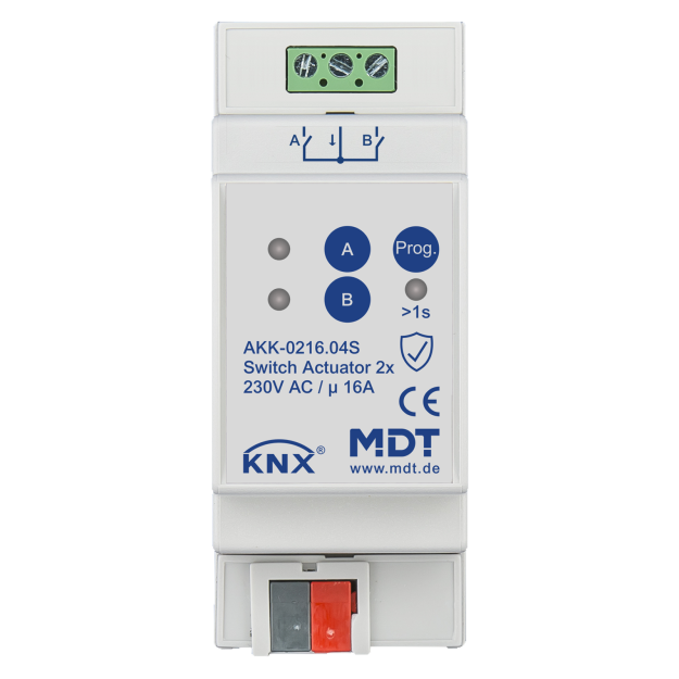 MDT AKK-0216.04S KNX Schaltaktor 2-fach 2TE REG 16 A 230 V AC Kompakt 70µF 10 EVG Secure