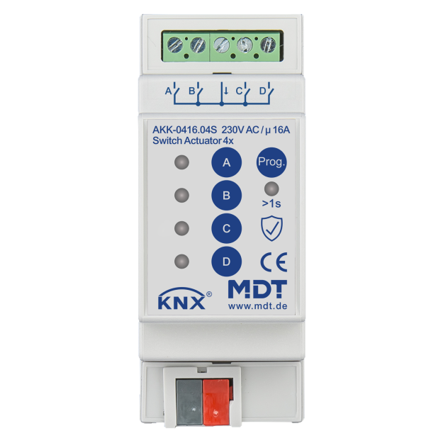 MDT AKK-0416.04S KNX Schaltaktor 4-fach 2TE REG 16 A 230 V AC Kompakt 70µF 10 EVG Secure