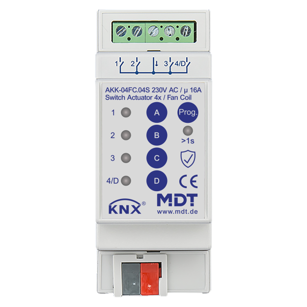 MDT AKK-04FC.04S KNX Schaltaktor 4-fach 2TE REG 16 A 230 V AC Kompakt 70µF Fan coil Secure