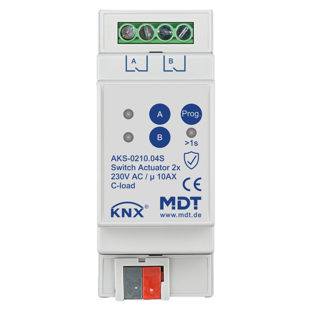 MDT AKS-0210.04S KNX Schaltaktor 2-fach 2TE REG 10 A 230 V AC C-Last,Standard,140µF Secure