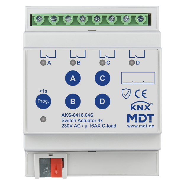 MDT AKS-0416.04S KNX Schaltaktor 4-fach 4TE REG 16 A 230 V AC C-Last,Standard,140µF Secure