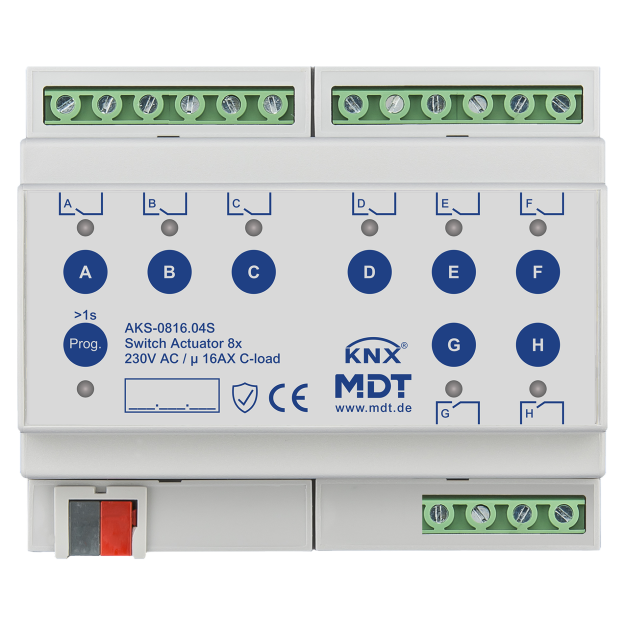 MDT AKS-0816.04S KNX Schaltaktor 8-fach 6TE REG 16 A 230 V AC C-Last,Standard,140µF Secure