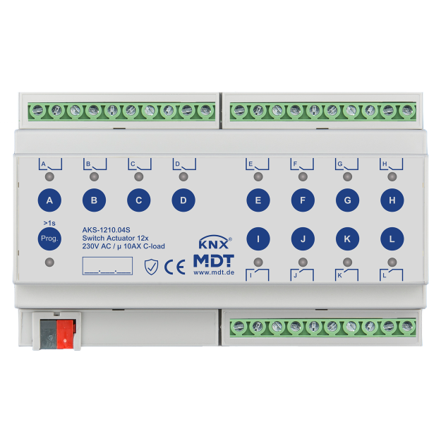 MDT AKS-1210.04S KNX Schaltaktor 12-fach 8TE REG 10 A 230 V AC C-Last,Standard,140µF Secure