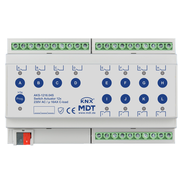 MDT AKS-1216.04S KNX Schaltaktor 12-fach 8TE REG 16 A 230 V AC C-Last,Standard,140µF Secure