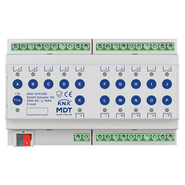 MDT AKS-1616.04S KNX Schaltaktor 16-fach 8TE REG 16 A 230 V AC C-Last,Standard,140µF Secure