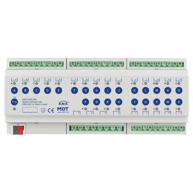 MDT AKS-2416.04S KNX Schaltaktor 24-fach 12TE REG 16 A 230 V AC C-Last,Standard,140µF Secure