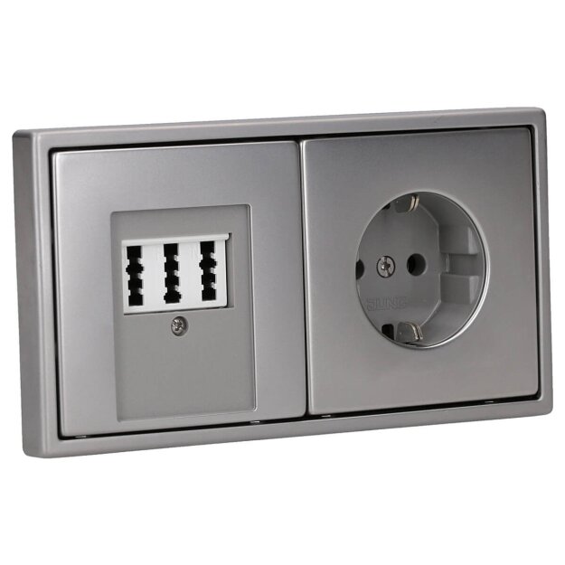 Jung Serie LS Komplett-Set Edelstahl: TAE-Anschlussdose TAE 3x6 NFN Up 0 rw + ES2969T Abdeckung f. TAE-Anschlussdose + ES1520 SCHUKO Steckdose + ES2982 Rahmen 2-fach