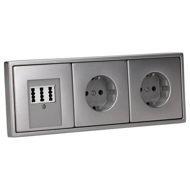 Jung Serie LS Komplett-Set Edelstahl: TAE-Anschlussdose TAE 3x6 NFN Up 0 rw + ES2969T Abdeckung f. TAE-Anschlussdose + 2x ES1520 SCHUKO Steckdose + ES2983 Rahmen 3-fach