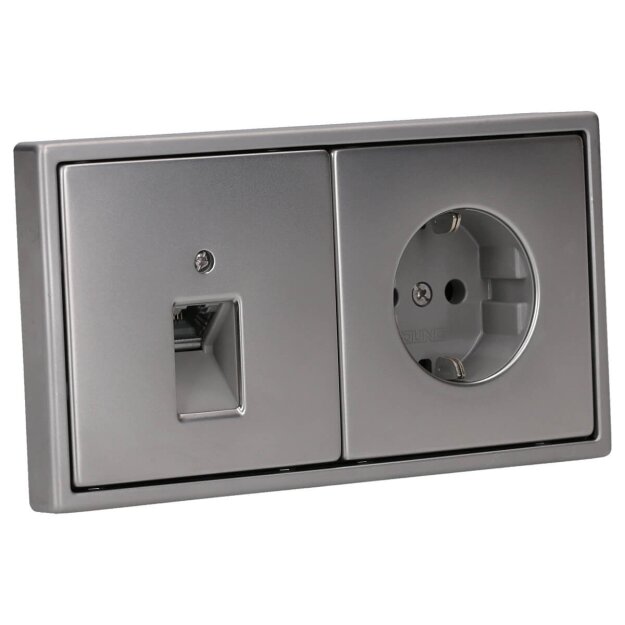 Jung Serie LS Komplett-Set Edelstahl: Cat.6A iso-Anschlussdose UAE-Cat.6A iso-8 Up 0 + ES2969-1UA Abdeckung f. IAE/UAE-Anschlussdose + ES1520 SCHUKO Steckdose + ES2982 Rahmen 2-fach