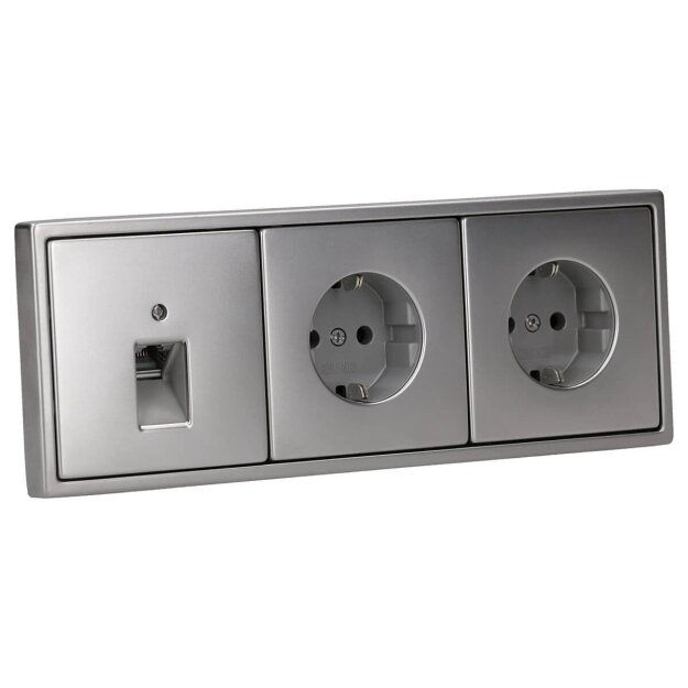 Jung Serie LS Komplett-Set Edelstahl: Cat.6A iso-Anschlussdose UAE-Cat.6A iso-8 Up 0 + ES2969-1UA Abdeckung f. IAE/UAE-Anschlussdose + 2x ES1520 SCHUKO Steckdose + ES2983 Rahmen 3-fach
