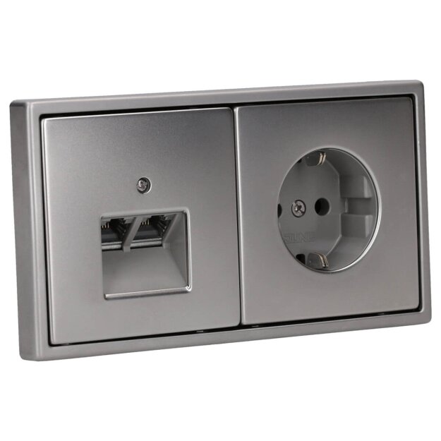 Jung Serie LS Komplett-Set Edelstahl: Cat.6A iso-Anschlussdose UAE-Cat.6A iso-8/8 Up 0 + ES2969-2UA Abdeckung f. IAE/UAE-Anschlussdose + ES1520 SCHUKO Steckdose + ES2982 Rahmen 2-fach