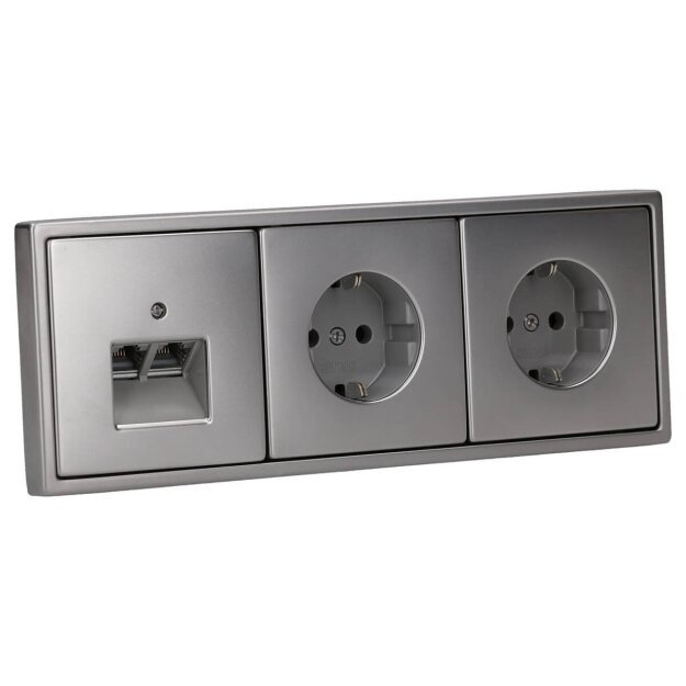 Jung Serie LS Komplett-Set Edelstahl: Cat.6A iso-Anschlussdose UAE-Cat.6A iso-8/8 Up 0 + ES2969-2UA Abdeckung f. IAE/UAE-Anschlussdose + 2x ES1520 SCHUKO Steckdose + ES2983 Rahmen 3-fach