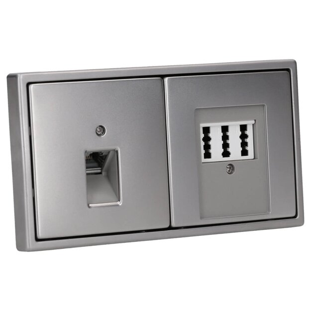 Jung Serie LS Komplett-Set Edelstahl: Cat.6A iso-Anschlussdose iso-8 Up 0 + ES2969-1UA Abdeckung + TAE-Anschlussdose TAE 3x6 NFN Up 0 rw + ES2969T Abdeckung + ES2982 Rahmen 2-fach