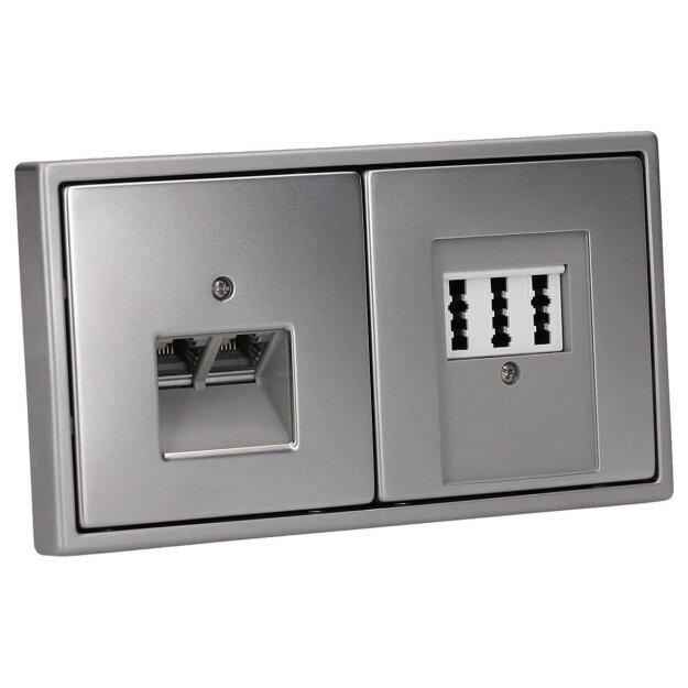 Jung Serie LS Komplett-Set Edelstahl: Cat.6A iso-Anschlussdose iso-8/8 Up 0 + ES2969-2UA Abdeckung + TAE-Anschlussdose TAE 3x6 NFN Up 0 rw + ES2969T Abdeckung + ES2982 Rahmen 2-fach