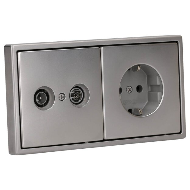 Jung Serie LS Komplett-Set Edelstahl: Antennensteckdose EDU 04 F + ES2990TV Abdeckung f. Antennen-Steckdose + ES1520 SCHUKO Steckdose + ES2982 Rahmen 2-fach