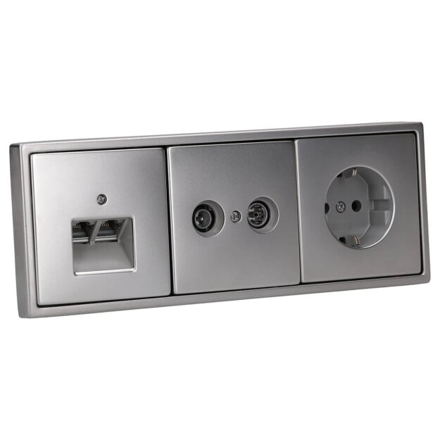 Jung Serie LS Komplett-Set Edelstahl: Antennensteckdose EDU 04 F + ES2990TV Abdeckung + Cat.6A iso-Anschlussdose + ES2969-2UA Abdeckung + ES1520 Steckdose + ES2983 Rahmen 3-fach