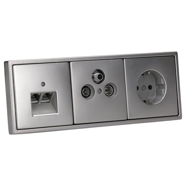 Jung Serie LS Komplett-Set Edelstahl: Antennendose 3-Loch SAT/TV/R + ES2990SAT Abdeckung + Cat.6A iso-Anschlussdose iso-8/8 Up 0 + ES2969-2UA Abdeckung + ES1520 Steckdose + ES2983 Rahmen 3-fach