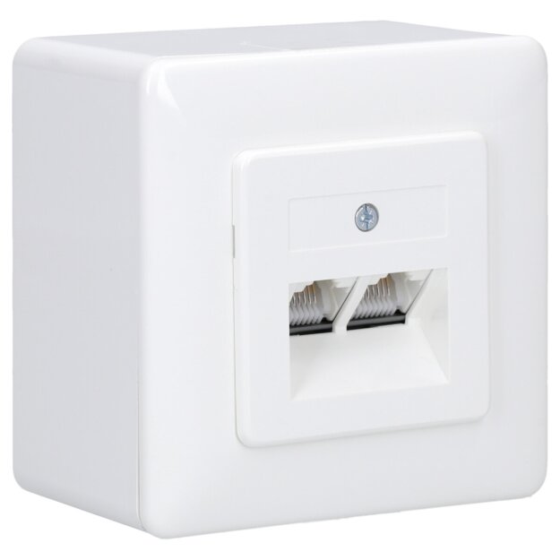 RKB Netzwerkdose / Datendose LAN mit Unterputz-Abdeckung reinweiß 80000002 + Aufputz-Adapter  80000092, 5 Gbit/s, 2-fach RJ45  - passend für Cat.6- und Cat.7 Netzwerk-Kabel
