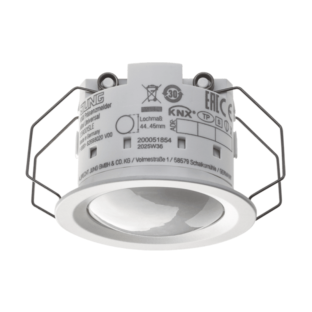 Jung 337001SLE KNX Präsenzmelder Mini mit Temperaturmessung Standard Secure IP 44 3,00 m helle Linse Alpinweiß Aufputz