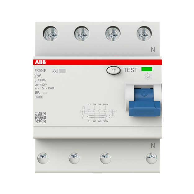 ABB FX204 F-25/0.03 Fehlerstrom-Schutzschalter Typ F 4P 30mA 25 A mischfrequenzsensitiv 2CSF204365R1250