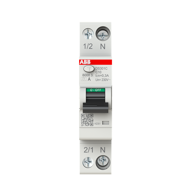 ABB DS301C C10 A300 FI/LS-Schalter Typ A 300 mA 6 kA 1P+N C-Char. 10 A 1 Teilungseinheit 2CSR255163R3104