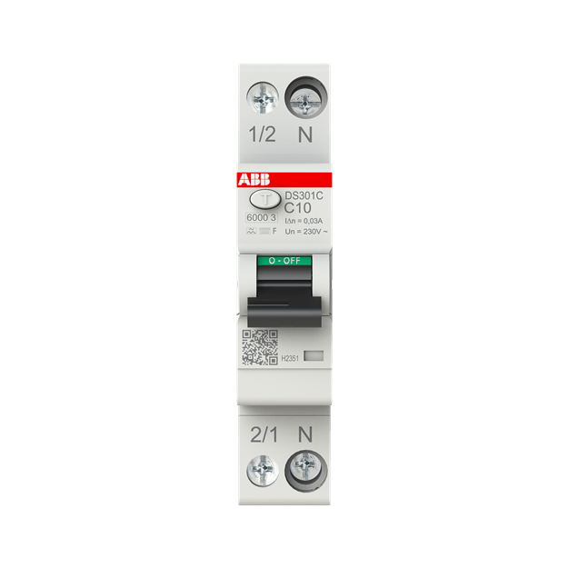 ABB DS301C C10 F30 FI/LS-Schalter Typ F mischfrequenzsensitiv 30 mA 6 kA 1P+N C-Char. 10 A 2CSR255563R1104