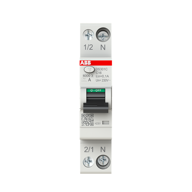 ABB DS301C C16 A100 FI/LS-Schalter Typ A 100 mA 6 kA 1P+N C-Char. 16 A 1 Teilungseinheit 2CSR255163R2164