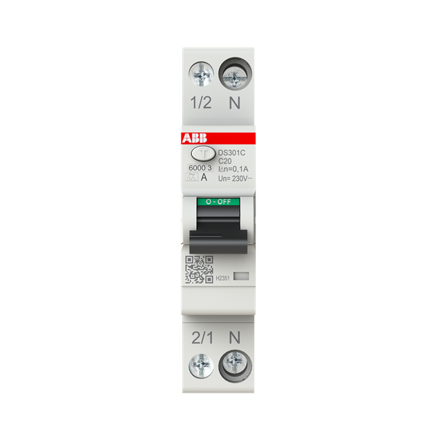 ABB DS301C C20 A100 FI/LS-Schalter Typ A 100 mA 6 kA 1P+N C-Char. 20 A 1 Teilungseinheit 2CSR255163R2204