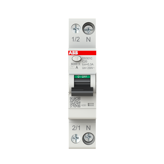ABB DS301C C20 A300 FI/LS-Schalter Typ A 300 mA 6 kA 1P+N C-Char. 20 A 1 Teilungseinheit 2CSR255163R3204