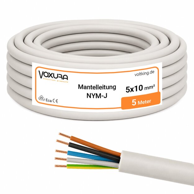Mantelleitung NYM-J 5x10 mm² 5m Ring Grau 5-adrig Installationskabel Stromkabel