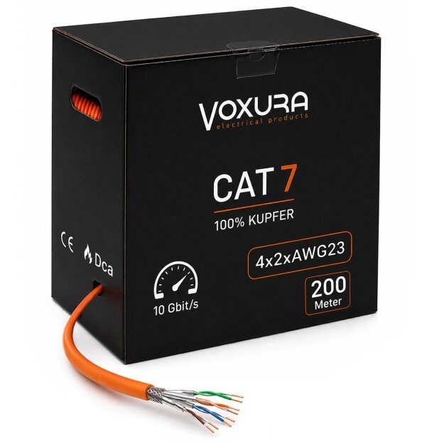 Netzwerkkabel CAT.7 AWG23 Simplex 200m Ring 1000 MHz Datenkabel Kupfer S/FTP Verlegekabel Kat 7 Cat7