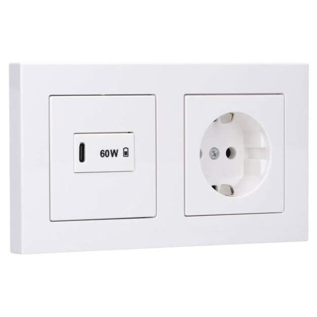 Jung Serie A USB Set Alpinweiß: USBPD60CWW USB-PD60-Ladegerät + A1569USBWW Abdeckung + A1520WW SCHUKO Steckdose + A5582BFWW Rahmen 2-fach